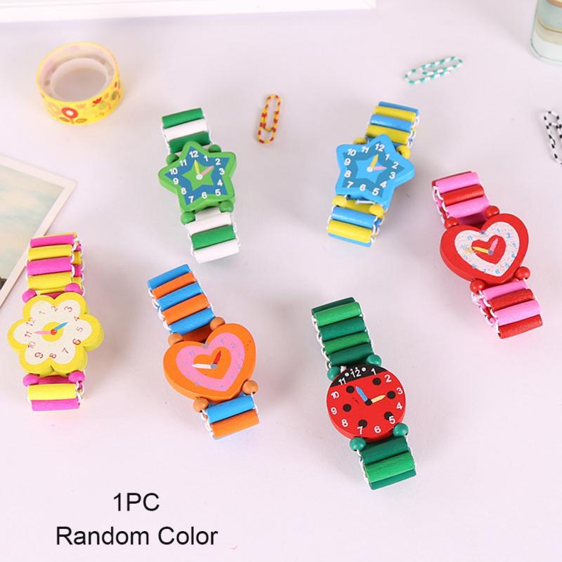 Babys Kids Cartoon Wooden Crafts Wristwatches Bracelet Watch Toy Children Student Xmas Toys Random Style Color