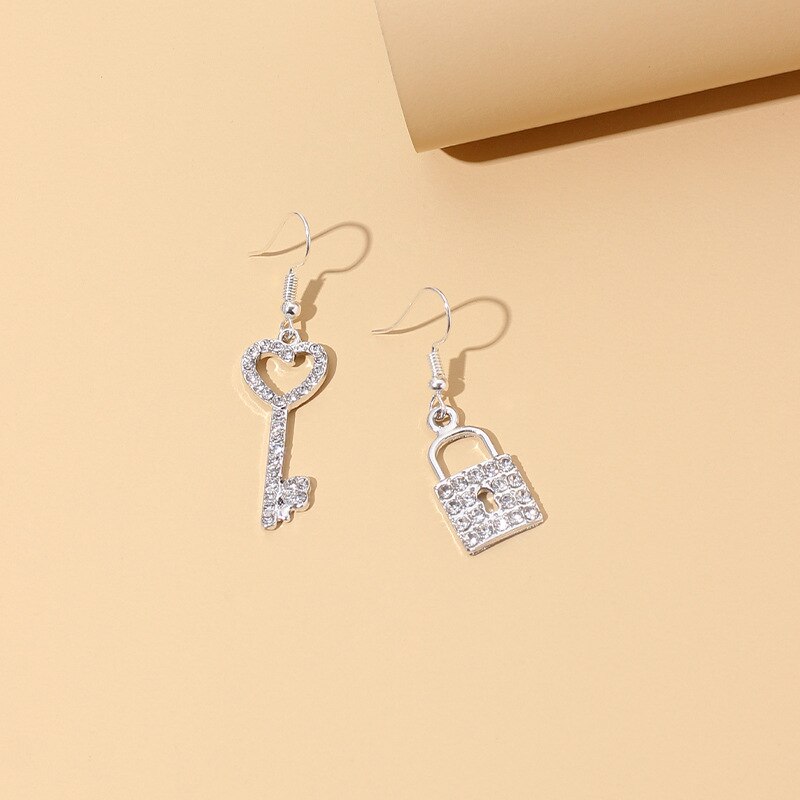 Coréen luxe coeur clé serrure pendentif boucles d'oreilles pour femme asymétrique brillant déclaration bijoux mariage Cocktail fête