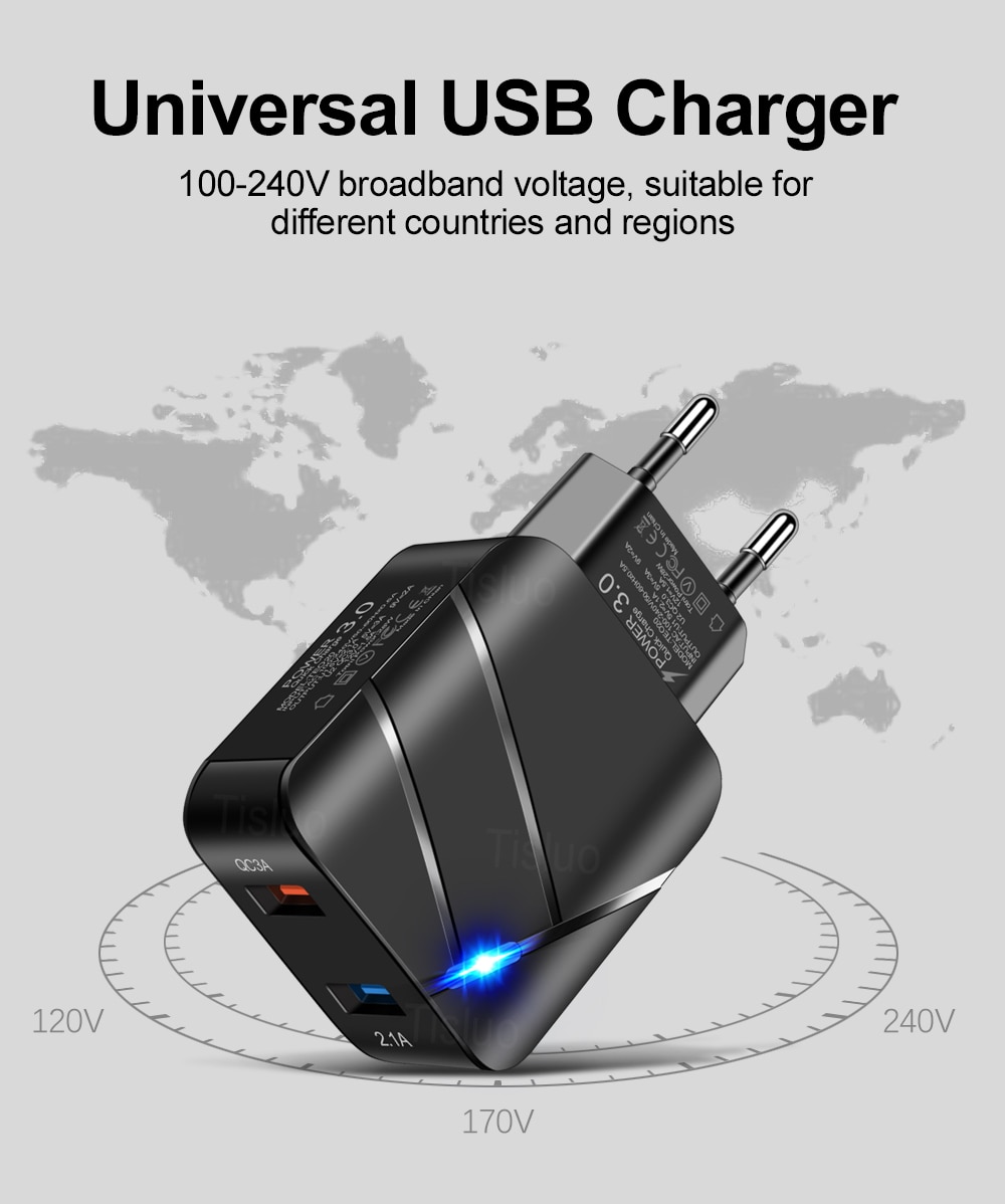 3A Usb Charger Quick Charge 3.0 Mobiele Telefoon Laders Voor Iphone Samsung Xiaomi Huawei Tablet 2 Poort Led Verlichting Muur lader