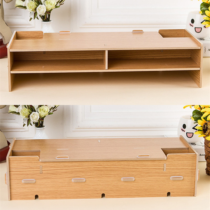 Assembled Computer Monitor Rack 3 Layers Wood Office Table Organizer for Pen/Keyboard/Stationery Laptop Tray 48*20*11.5cm