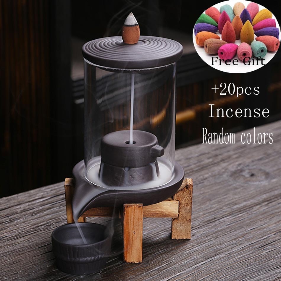 Ceramic Smoke Waterfall Incense Burner with Acrylic Windproof Cover Home Zen Indoor Incense Holder Aromatherapy Stove Ornament: Burner with 20pcs
