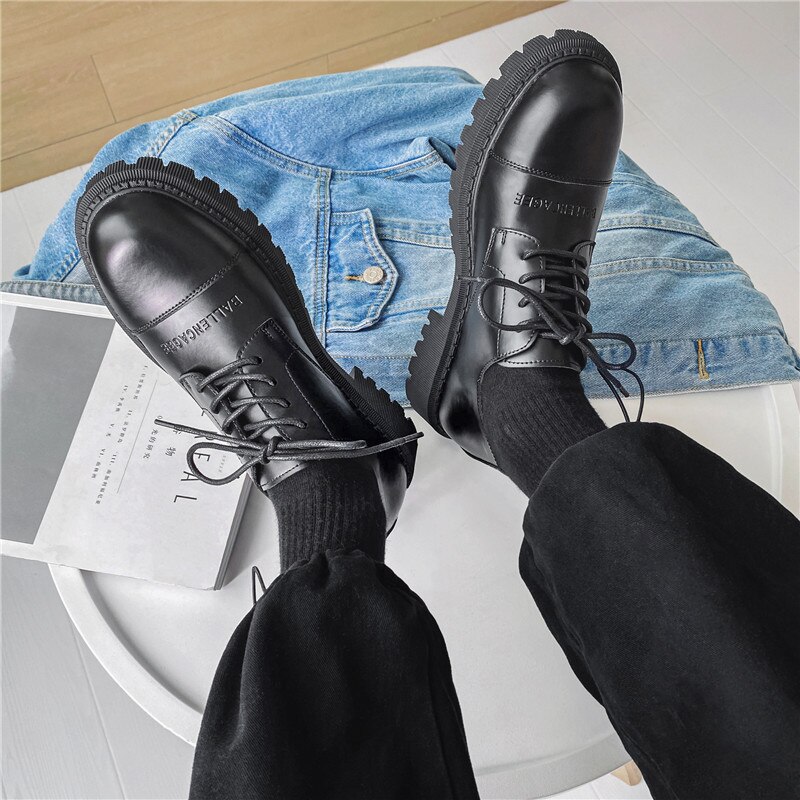 Men's Shoes Spring Leather Shoes Black Thick-soled Non-slip Casual Flat Casual Tooling Shoes