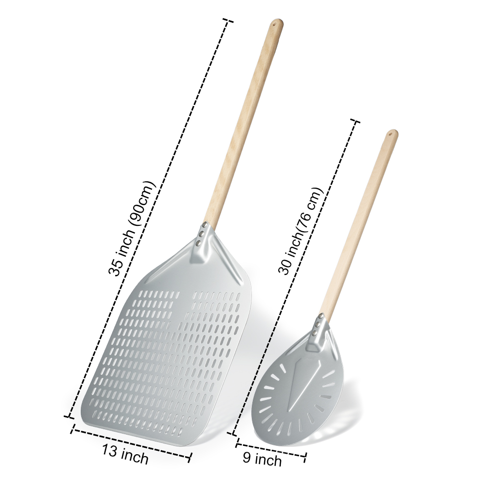 SHANGPEIXUAN Perforated Pizza Peel with Turning Pizza Peel Wood Handle Pizza Shovel Anodized Short Spatulas Baking Tools: Pink