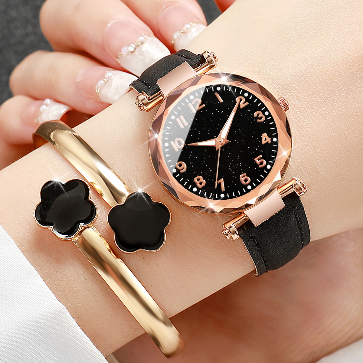 6 stks/set dameshorloge mode digitaal lederen quartz horloge met unieke bloem sieradenset