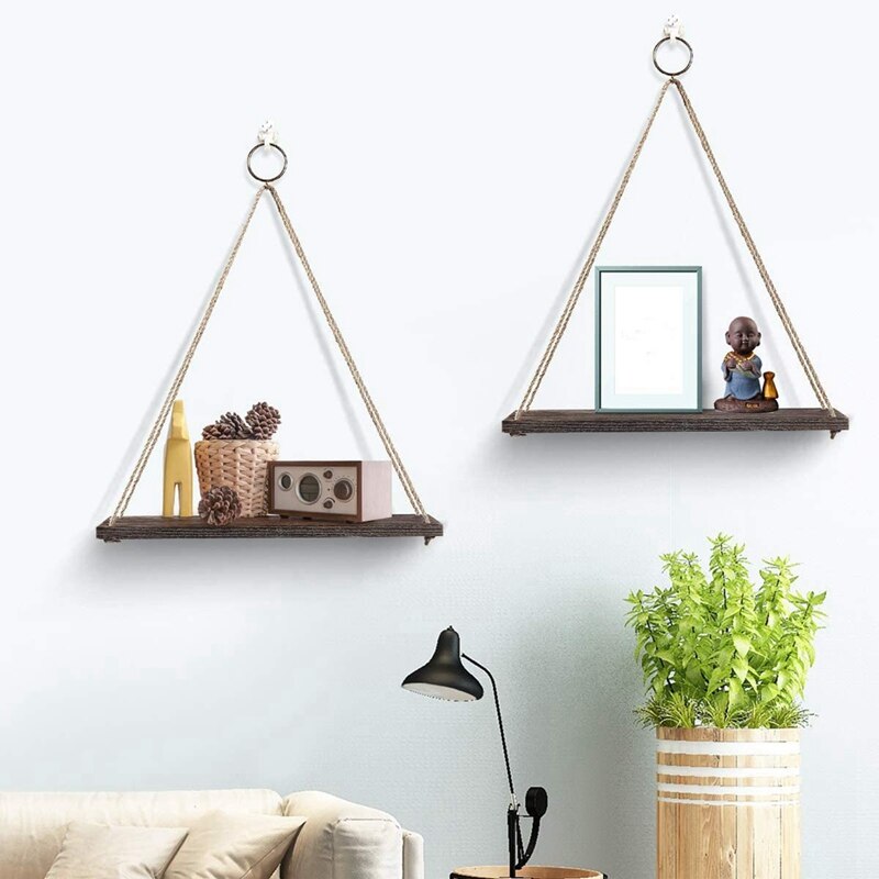 Hanging Shelves Wall Mounted Wood Shelves with 2 Rings Lightweight and Durable Farmhouse Rope Shelves