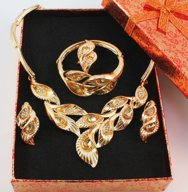 Gold Farbe Schmuck Sets Blätter Form African Kostüm Halskette Set Frauen Braut-accessoires: Champagne add box