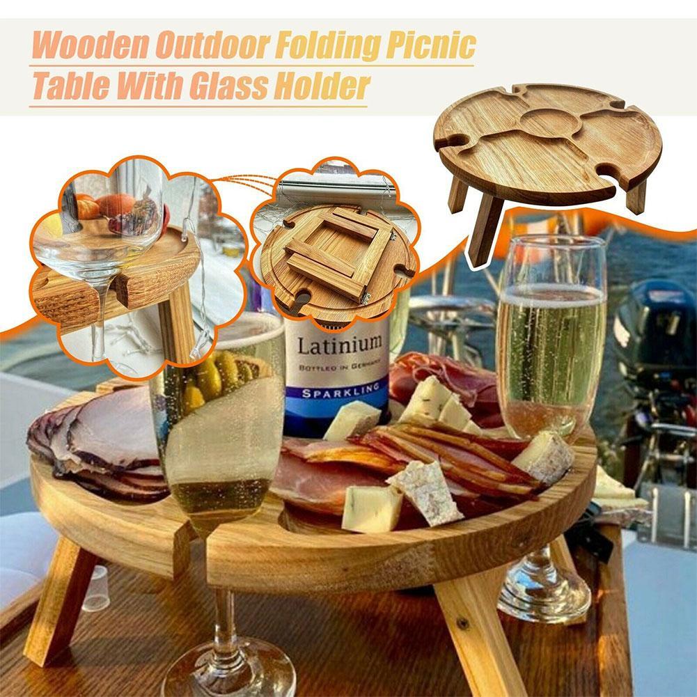 Draagbare Houten Outdoor Picknicktafel Vouwen Picknick Tafel Met Glazen Houder Wijn Tafel Afneembare Tafel Fruit Snack Tuin Lade