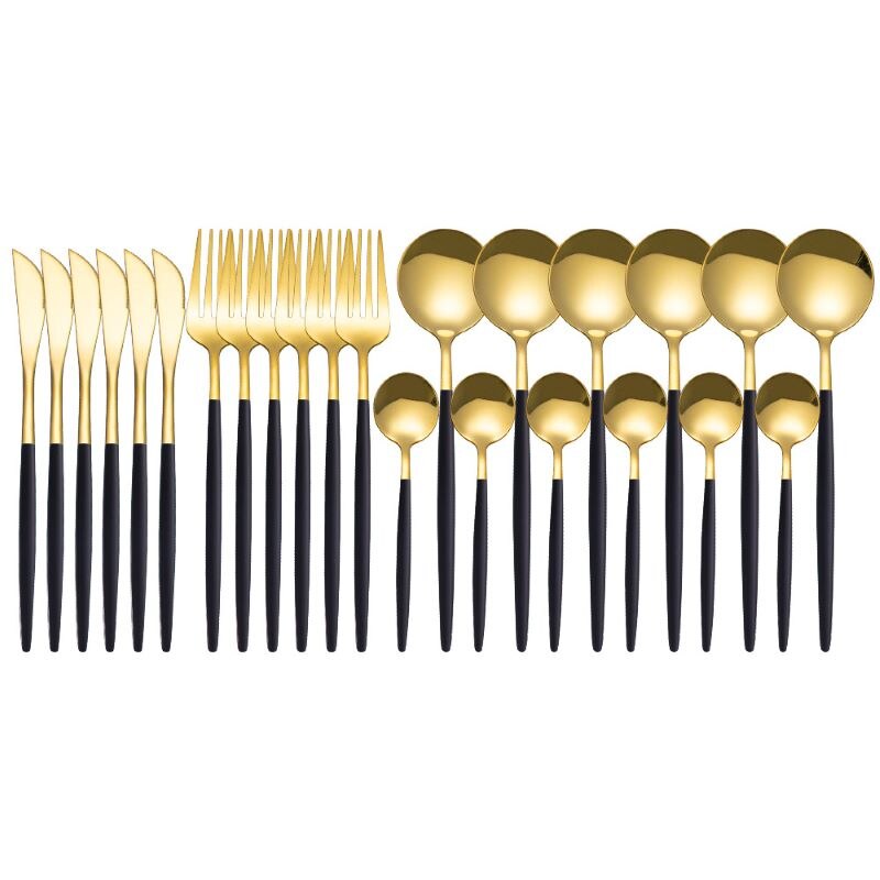 Roze Goud Bestek Set Rvs Servies Set 24Pcs Messen Vorken Koffie Lepels Bestek Set Keuken Diner Servies Set: Black gold