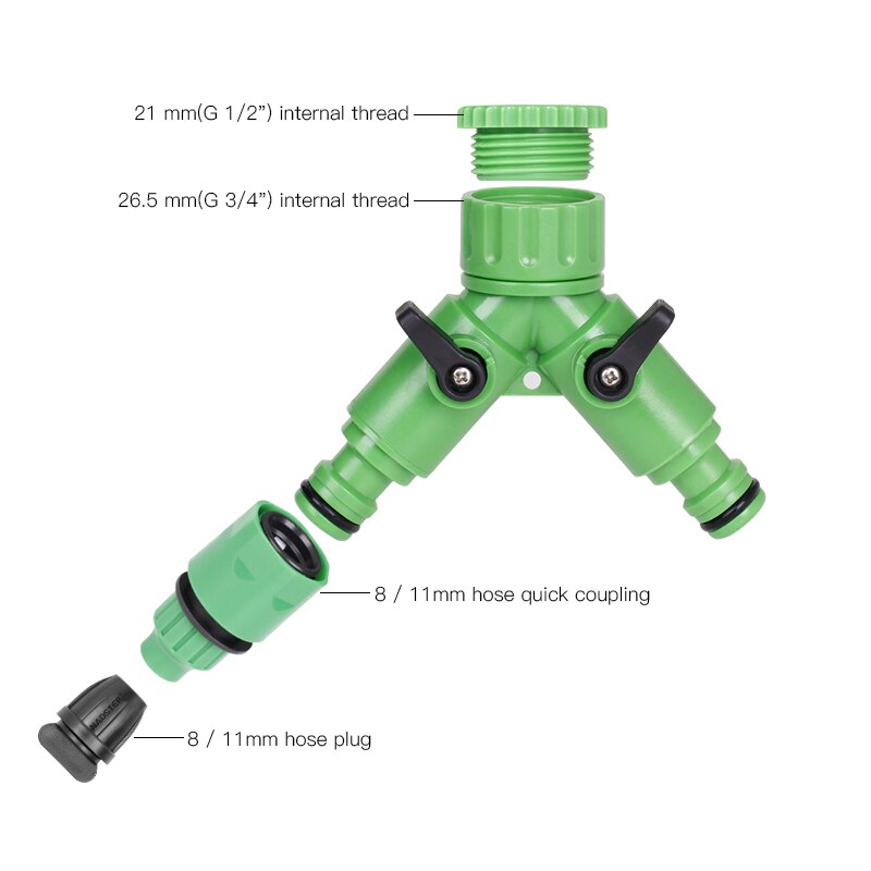 Tilslutning med 8 / 11mm slanger haveslange, vanddeler, hurtigkobling, adapter ,1/2 ＂ to 3/4 " indvendigt gevind: Y-stik  -2