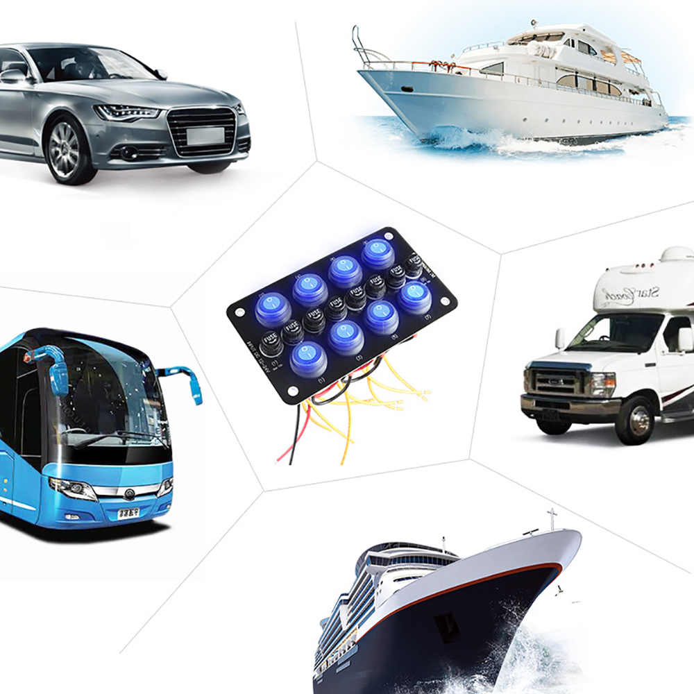 8 Gang Rocker Switch Panel 12V-24V Multi Port Power Fuses Holder Control Panel for Car Truck Marine Truck Campers Waterproof