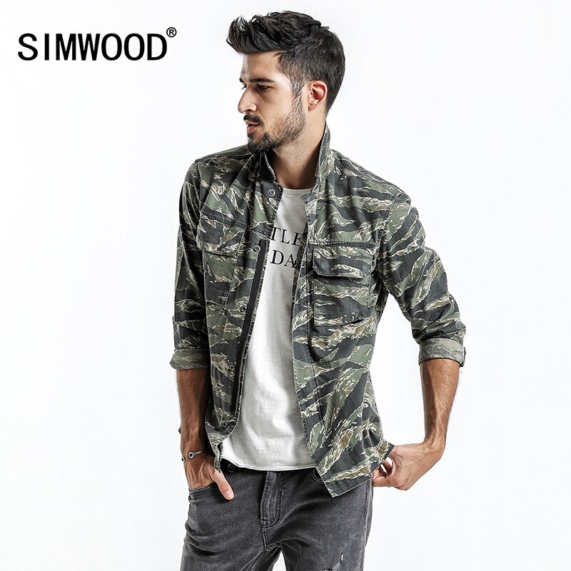 Simwood mærke jakke efterår denim jakke mænd overtøj casual camouflage frakker slim fit 100%  bomuld  nk017012