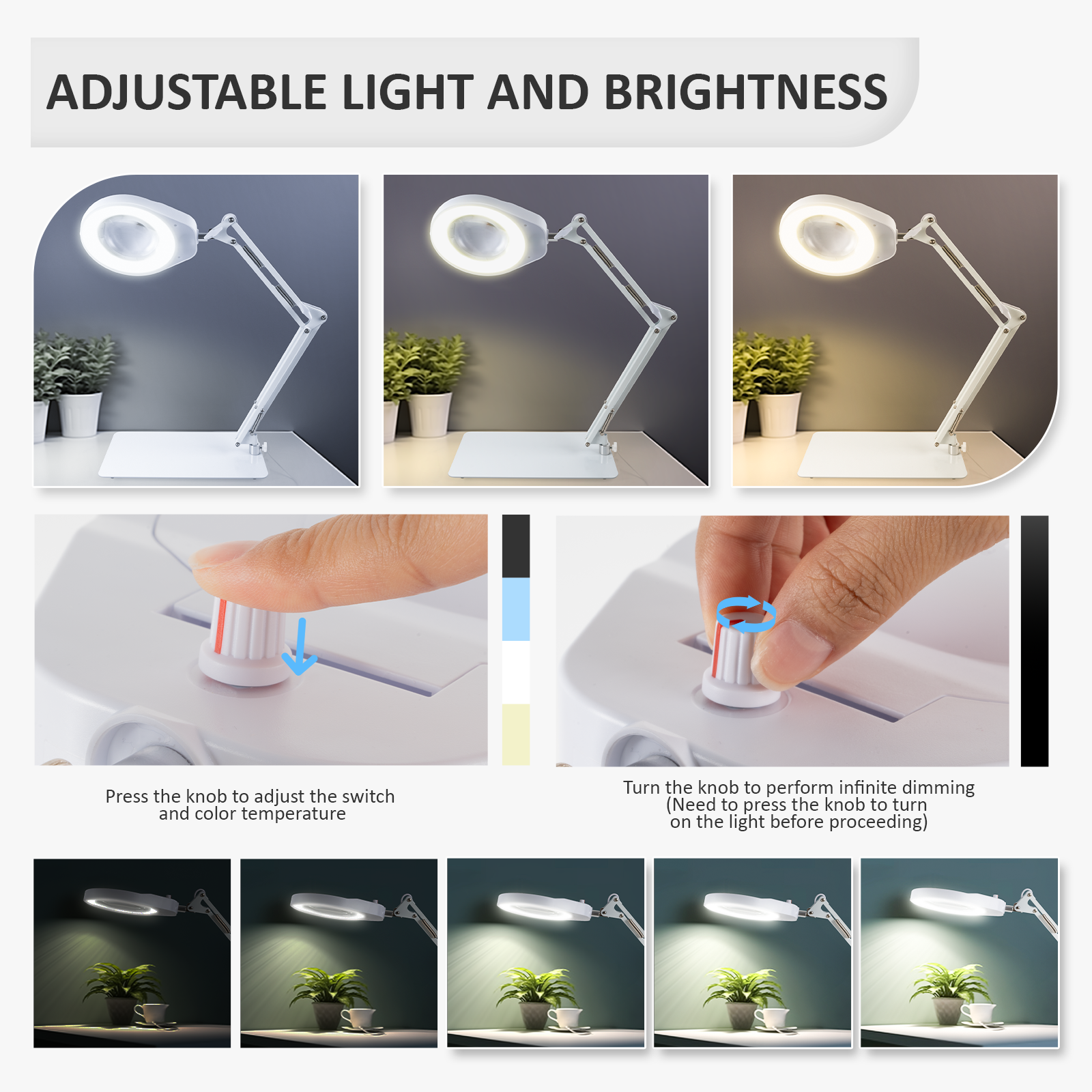 10X Vergrootglas met Licht en Standaard Zwenkarm Vergrootlamp Traploos Dimbaar 5-Dioptrie Echt Glazen Lens Vergrootglas