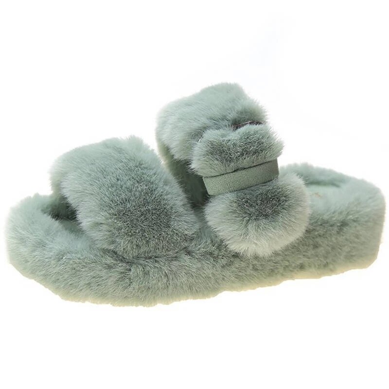 Women Fur Slippers Winter Platform Wedge Heel Indoor Non Slip Rubber Sole Slides Buckle Decoration Comfortable Shoes: Green / 38