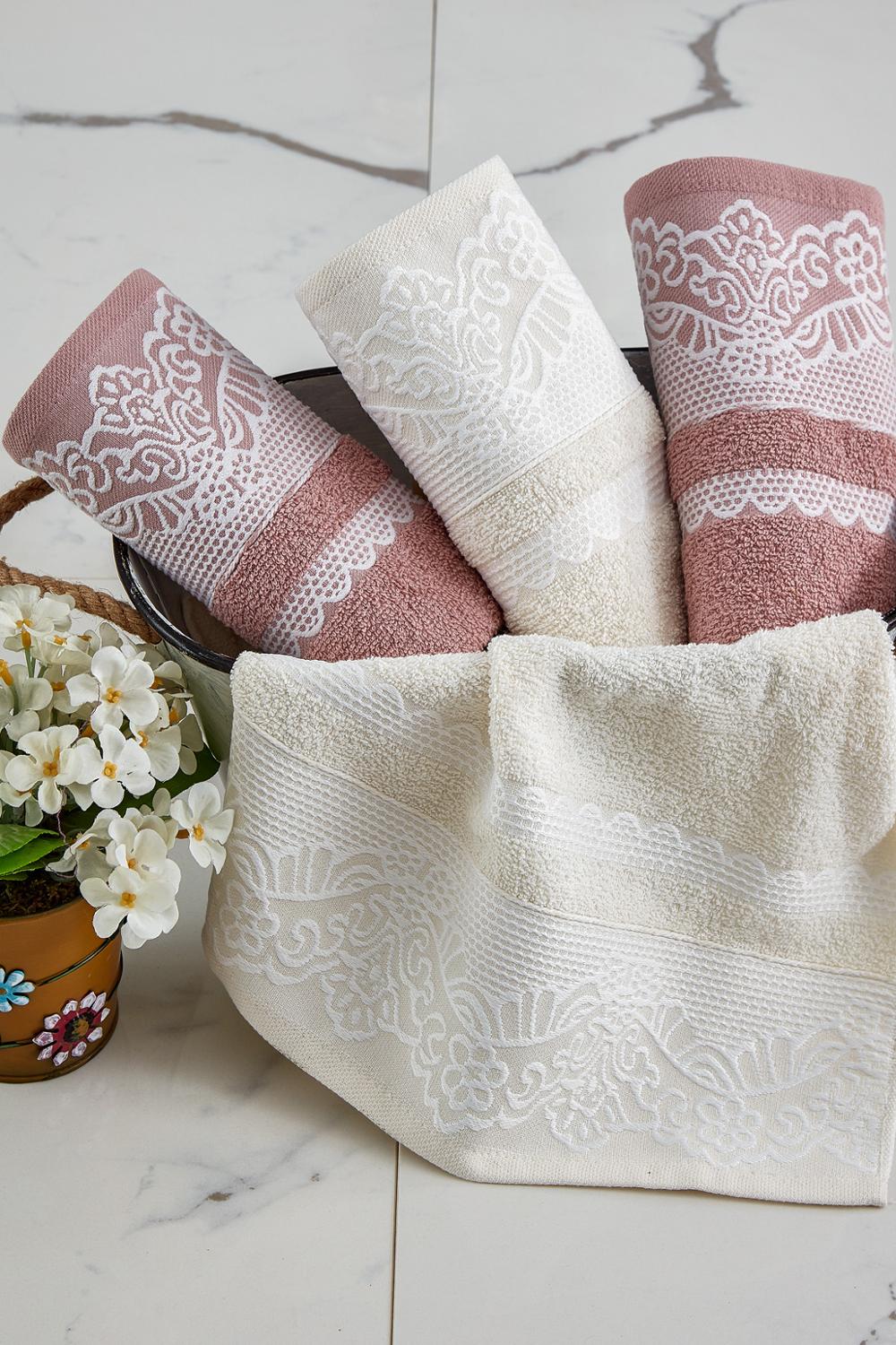 Turkisk handduk lyxig spets badhandduk strandhandduk ansiktshandduk set 4 st 50 x 85 cm broderade 100%  bomull turkiska handdukar set: Beige-ljusrosa