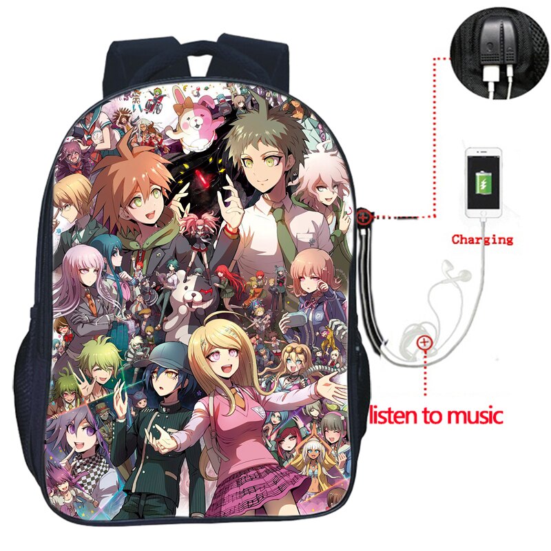 Danganronpa-mochila con carga USB para hombre y mujer, morral escolar de , bolso de viaje a la , mochila bonita para estudiantes