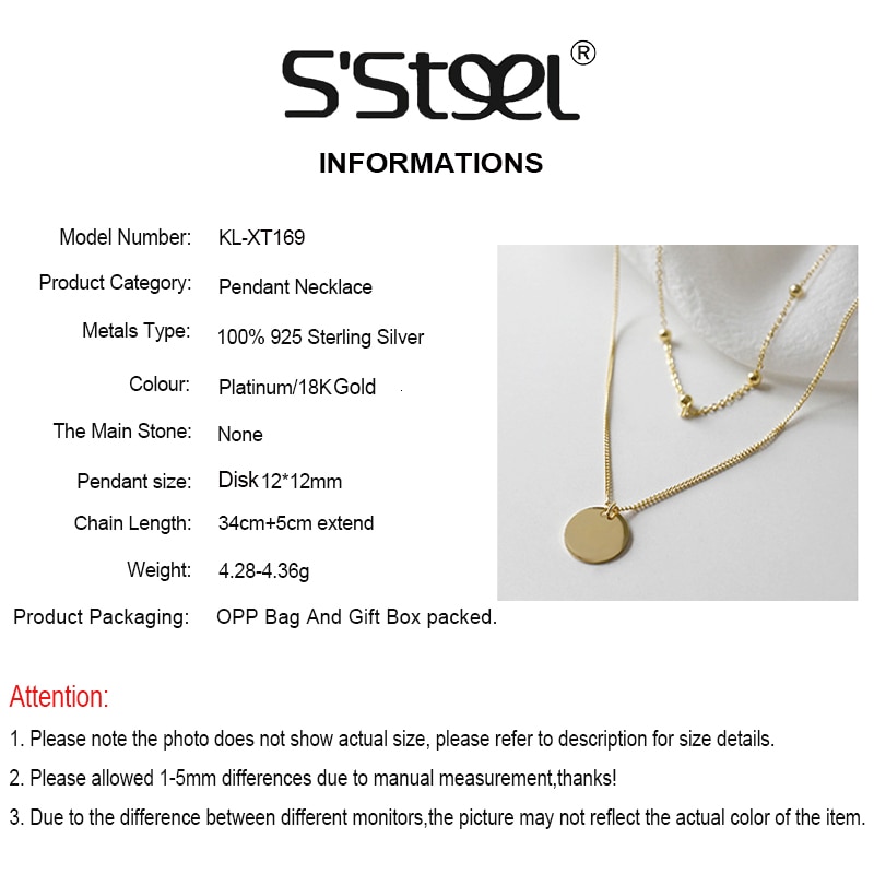 S'STEEL Sterling Silver Necklace Round Pendant Beads Chain Layered Choker Cadenas De Plata 925 Mujer Bijoux Femme Jewelry