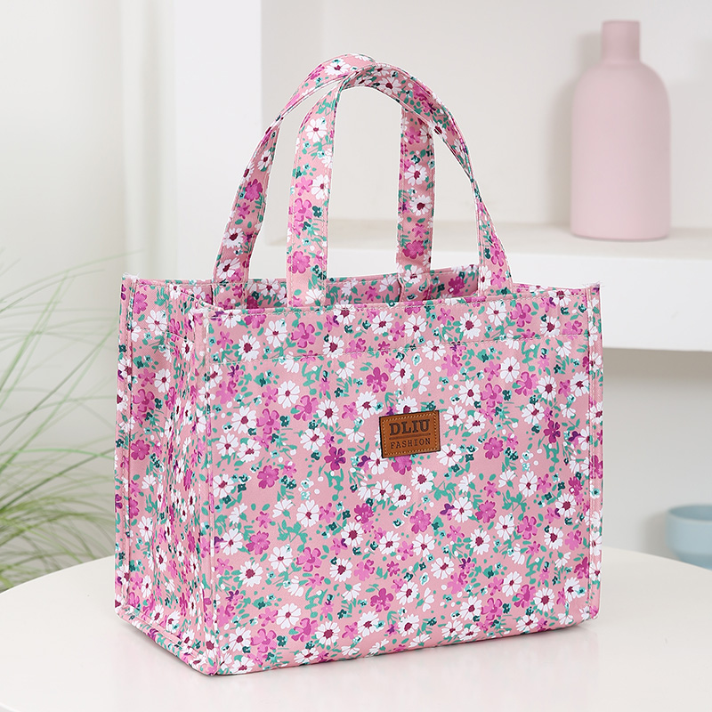 style nylon printing thickened large capacity handbag, work portable zipper semi-closed lunch box storage bag, bento bag: Pink