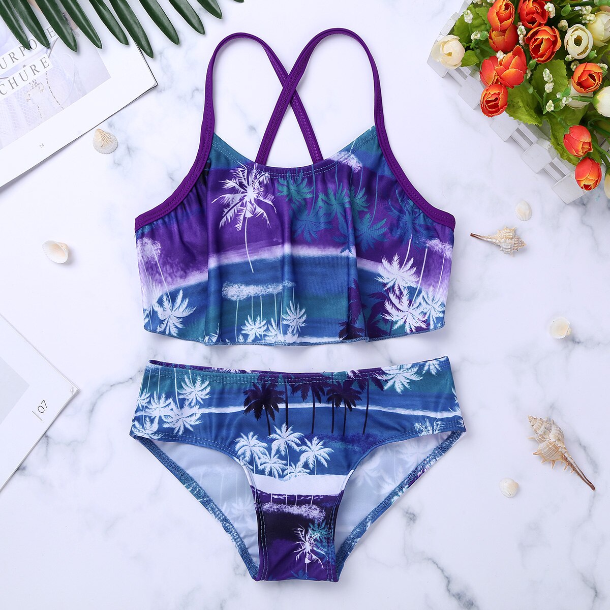 TiaoBug Kids Tropical Palm Printed Tankini Flounce Swimsuit Beach Swimwear Girls Swim Tops with Bottoms Bathing Suit Bikini Set