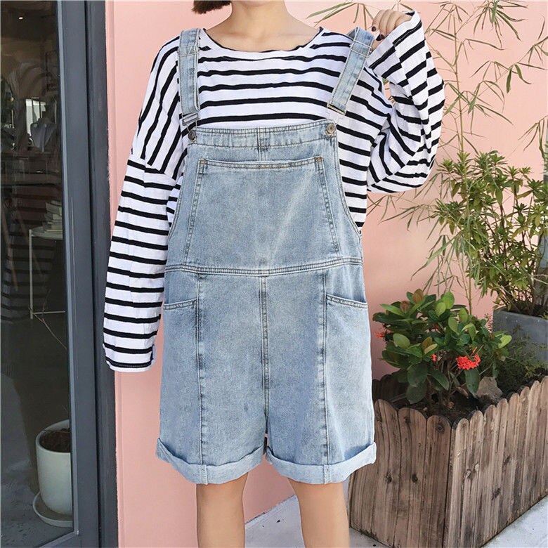 Playsuits Women Denim Solid Pockets Korean Style Loose Chic High Waist Female Rompers Ulzzang All-match Overalls Popular Cute: blue / S