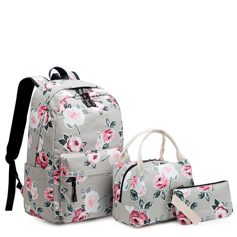 Meisjes Rugzak Bloem Printing School Rugzakken College School Tassen voor Tienermeisjes Boekentas Laptop Rugzak Travel Dagrugzak: Gray Set