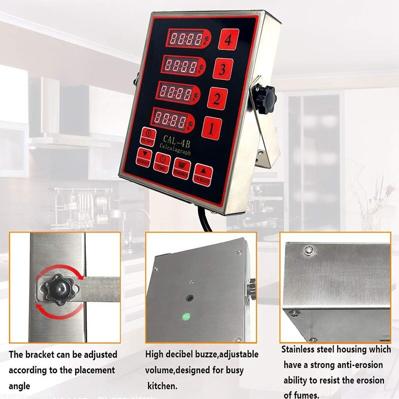 US Plug, Commercial 4 Channel Kitchen Timer Restaurant Timer Loud Alarm Adjustable Cooking Reminder Stainless Steel Clear LED Di