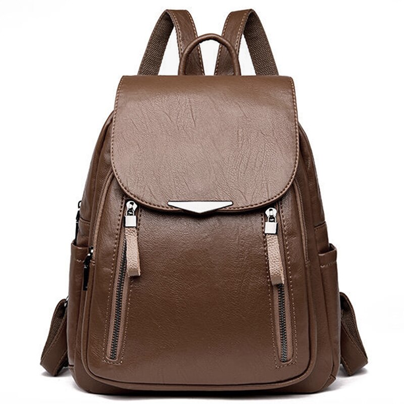 Casual Backpack Female Brand Leather Women's Backpack Large Capacity School Bag For Girls Double Zipper Leisure Shoulder Bags: brown