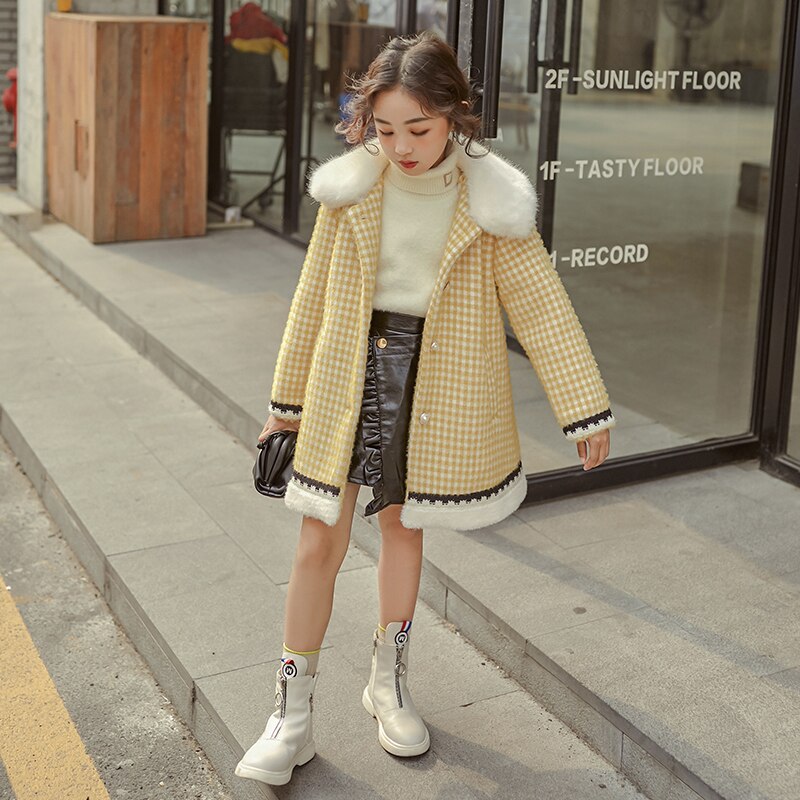 Kids Girls Woolen Jackets Winter Long Plaid Woolen Jackets Fur Collar Outerwear Teenager Girl Wool Coat Children Clothing