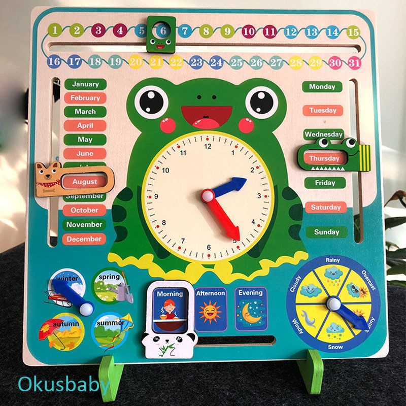 Multifunctional 3D Stand Wood Colorful Weather Calendar Cartoon Clock Frog Animal Four Seasons Time Early Home Educational Toys