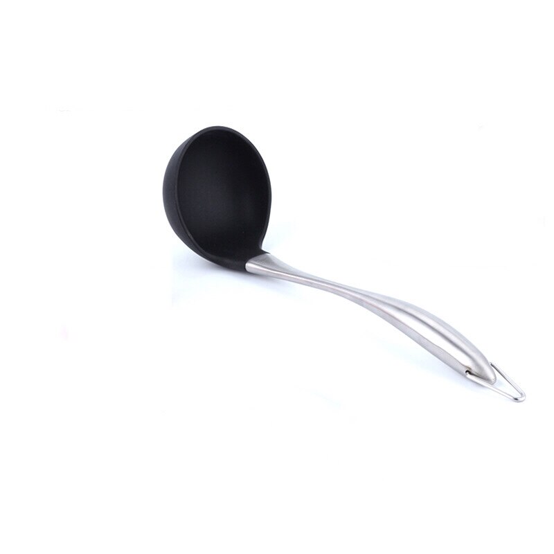 Louche en Silicone à poignée creuse en acier inoxydable, ustensiles de cuisine ménagers, Pot antiadhésif, cuillère à bouillie Applicable, cuillère à Pot: BLACK