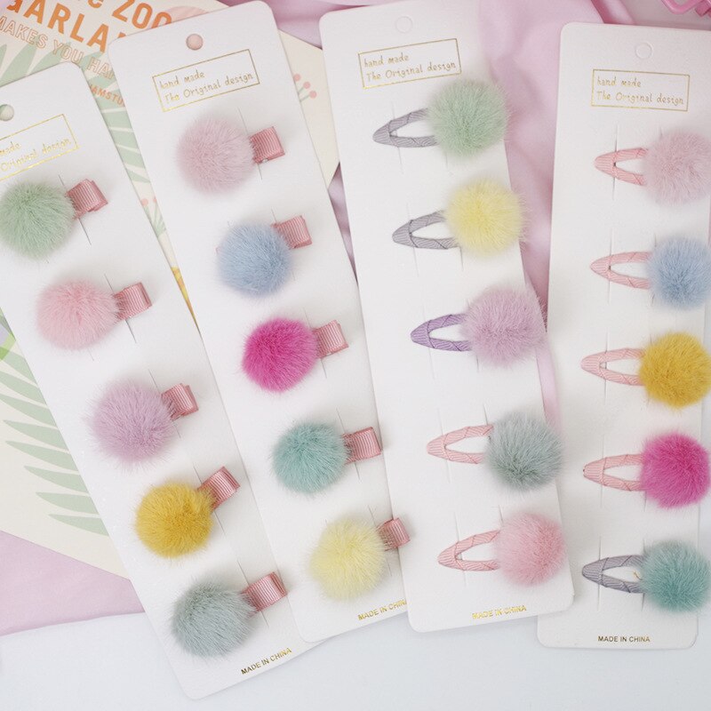5 Stks/partij Leuke Pompom Baby Meisje Haar Clips Set Candy Kleur Mini Bal Prinses Hoofddeksels Kids Haarspeldjes Baby Haar accessoires