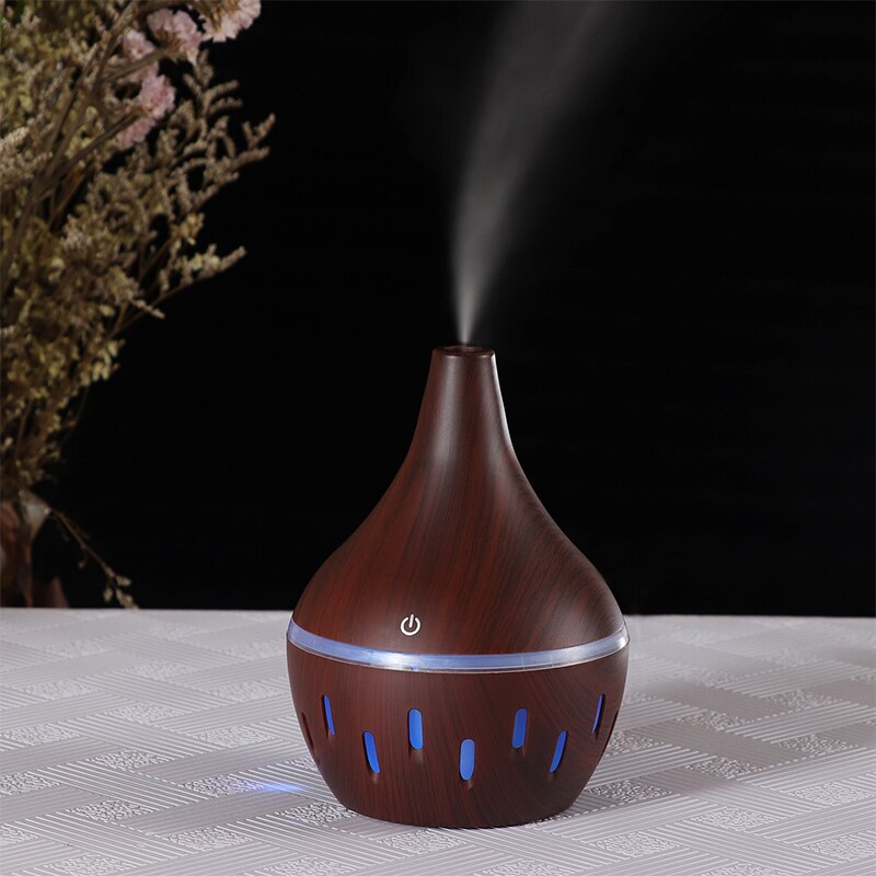 USB Luftbefeuchter Elektrische Öl Aromatherapie Holzmaserung Ultraschall Luft Diffusor Lichter Auto für Heimat Sekretariat Duft Parfüm 300ML: hohl dunkel eben
