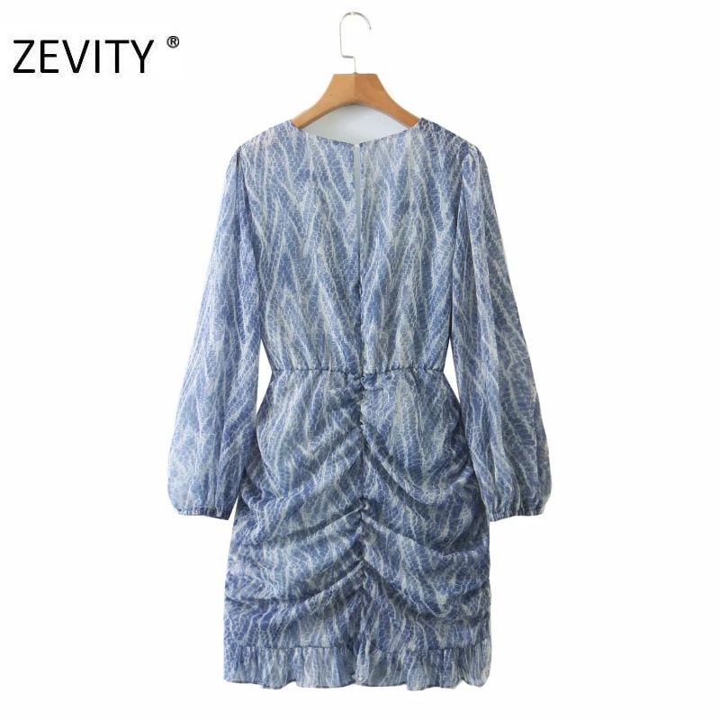 Zevity kvinder vintage v-hals slangeskind print plisseret minikjole kvindelige lanterneærmer chiffon vestido smarte flæsekjoler  ds4270
