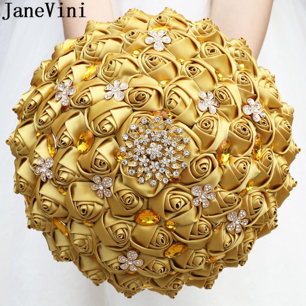 JaneVini – Bouquet de mariage de grande taille, 30CM, pour la mariée, en or, luxueux, diamant, cristal, perles, strass, fleurs à main en Satin