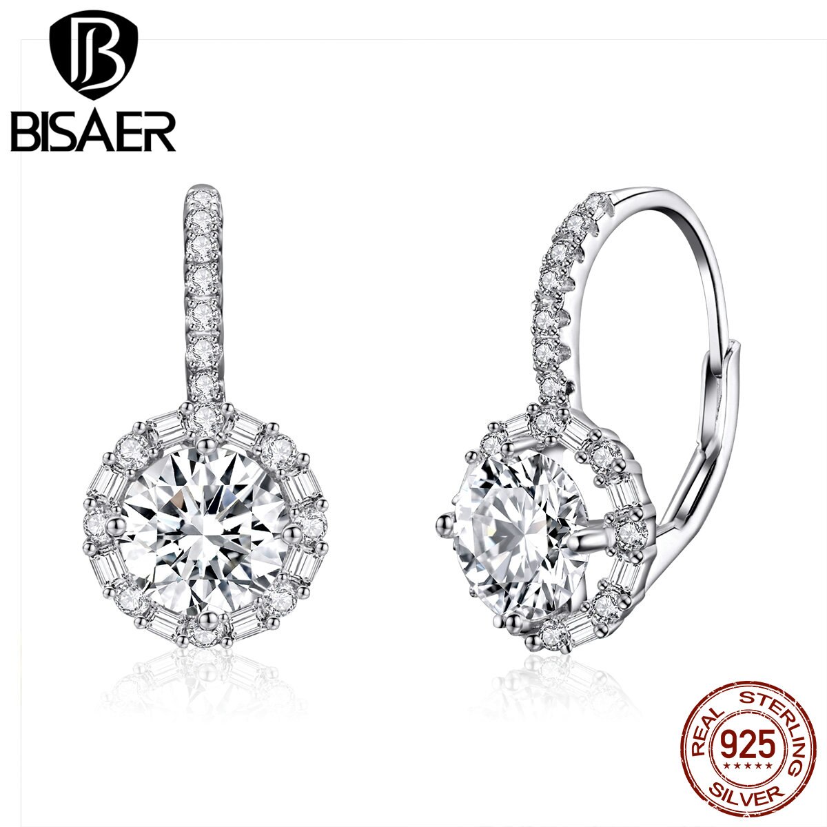 BISAER Klassische 925 Sterling Silber Runde Zirkon Ohrringe Einfache Kreis CZ Zucht Ohrringe für Frauen Hochzeit Schmuck ECE508