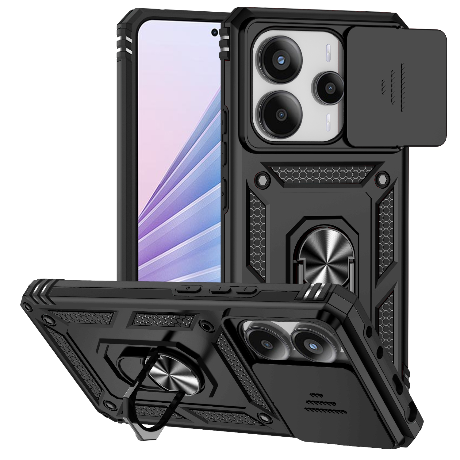 For Redmi Note 14 13 5G 4G Poco X7 Pro Note 13 Pro 5G 4G Case Ring Stand Slide Camera Lens Armor Funda for Xiaomi 14T Pro Cover: CANVAS / black