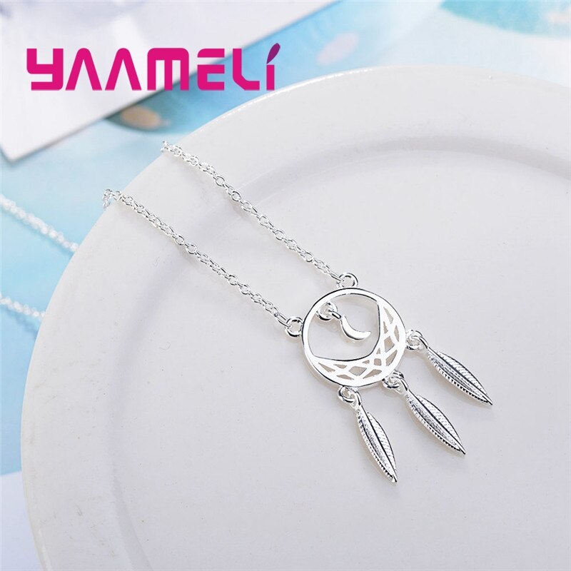 Moon Leaves Pendant 925 Sterling Silver Necklace 18" Chain For Woman Girls Banquet Accessories