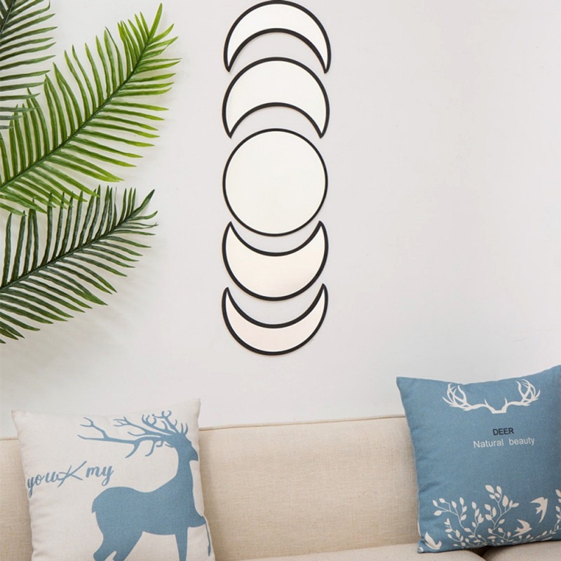 Bohemian Acryl Moonphase Spiegel Diy Muur Sticker Decoratie Houten Maan Fase Spiegel Voor Woonkamer