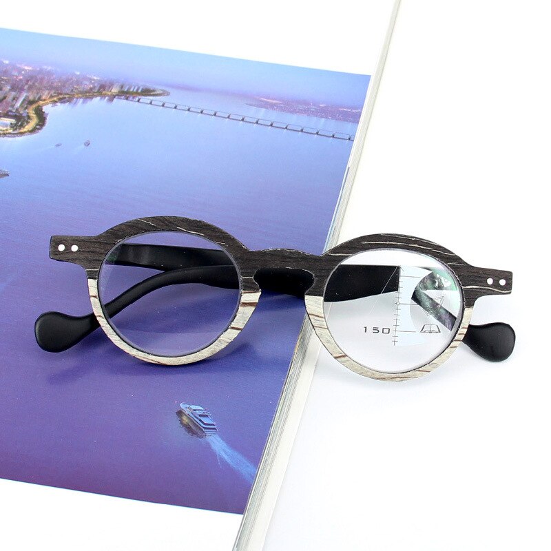 Zilead Retro Hout Kleine Ronde Frame Dual Leesbril Multifocale Clear Lens Presbyope Bril Lenzenvloeistof oculos gafas Unisex: +250 / black