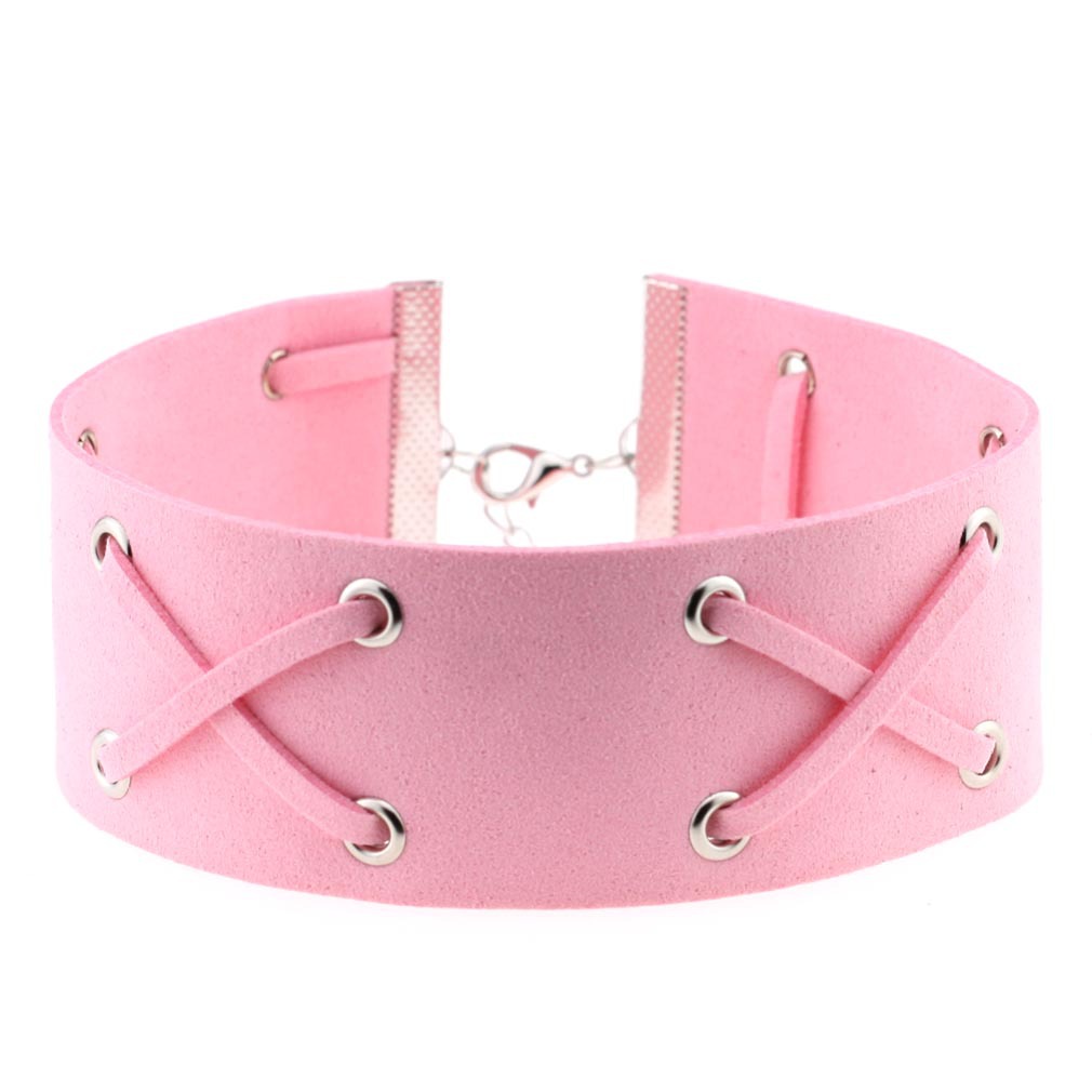 Decopunk Handmade Neo Gothic Hippie Wide Leather Wrap X Charm Silvery Lobster Buckle Adjustable Choker Necklaces For Women: Pink