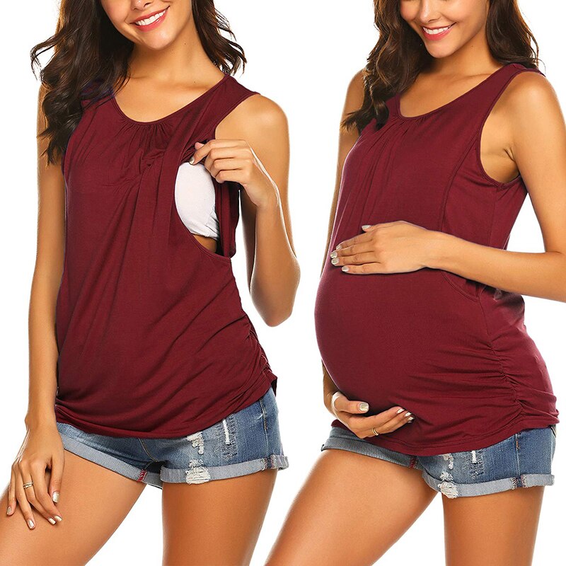 Ärmlös dam ärmlös mjuk polyester gravidkläder linne camis tee graviditetskläder gravid topp t-shirt: Vin, röd / M