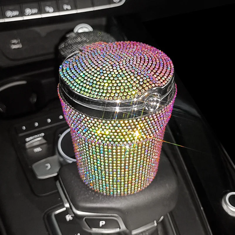 Cenicero de coche portátil para mujer, portavasos cilíndrico sin humo con indicador de luz LED azul, accesorios para coche: Oro