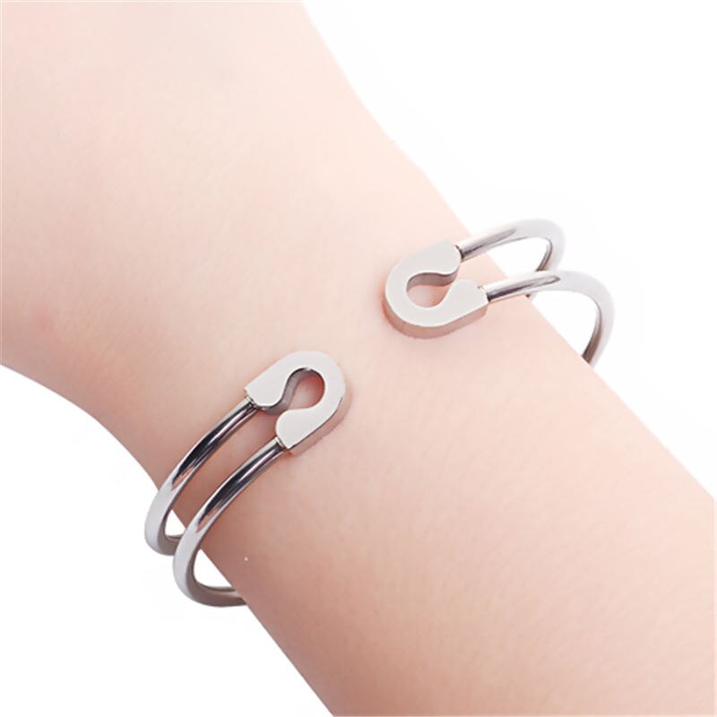 Mode Roestvrij Staal Veiligheidsspeld Open Manchet Armbanden Armbanden Zilver Elastische Trendy Sieraden Voor Vrouwen Meisjes 18cm Lange 1 PC