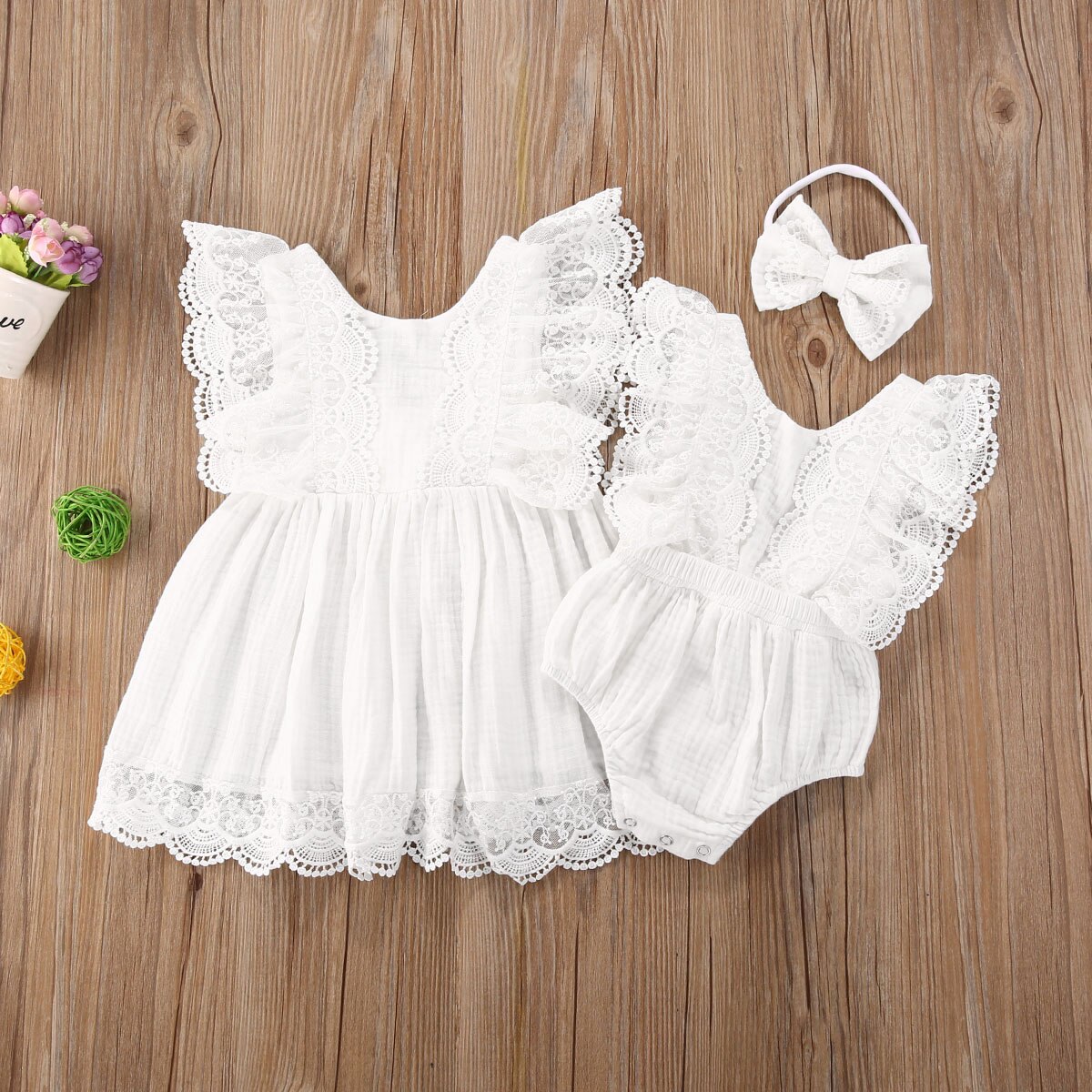 Sister Matching Clothes Newborn Baby Lace Romper Headband Toddler Girl Dress