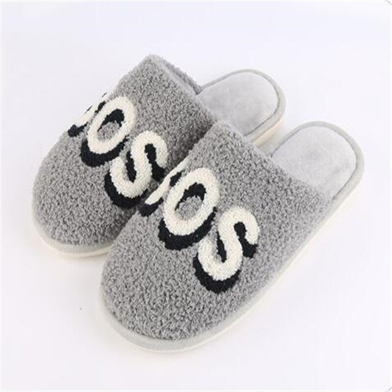 Coolsa mænds vinter brev bomuld hjemmesko casual grå plys hjemmesko herre pels slides mandlige lodne flip flops hus varme sko: Grå / 9