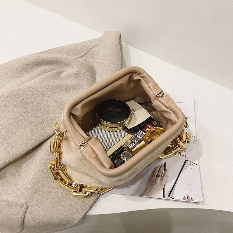 Torebka damska na ramię luksusowa torebka i torebki torebki damskie z futra zimowego dla kobiet 2020 złoty gruby łańcuch sprzęgło ręczne mała torebka damska