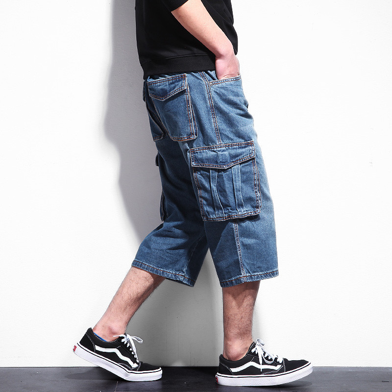 Casual herr jeans shorts sommar stora fickor shorts jeans skateboard byxor för rappare herr lösa baggy kort overall  a9144