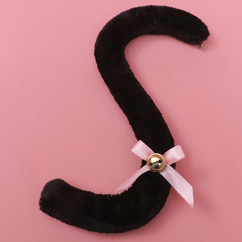 Plush Long Cat Tail with Ribbon Bowknot Bell Plush Furry Cat Ears Headwear White Lace Women Girls Party Cosplay: black