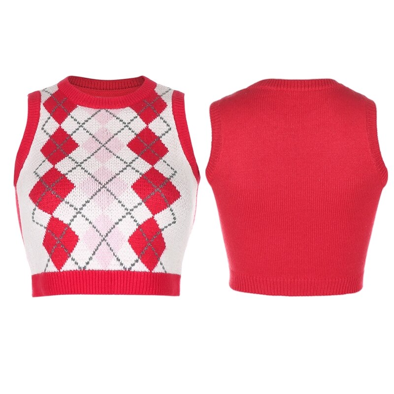 Dam röd argyle rutig stickad väst preppy stil rund hals ärmlös tröja slim fit tröja tröja