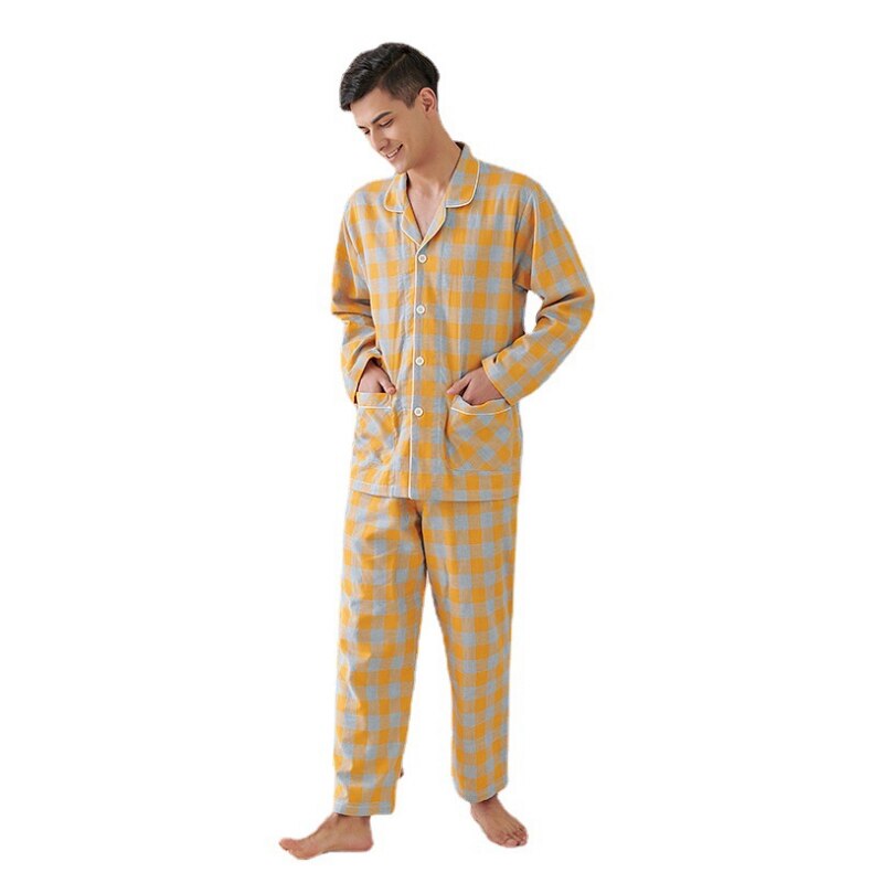 Spring summer 100% Cotton Pijama for Men Dormir Lounge Sleepwear Pyjamas yellow Bedgown Home Clothes Man Bedroom PJ Cotton Pajam