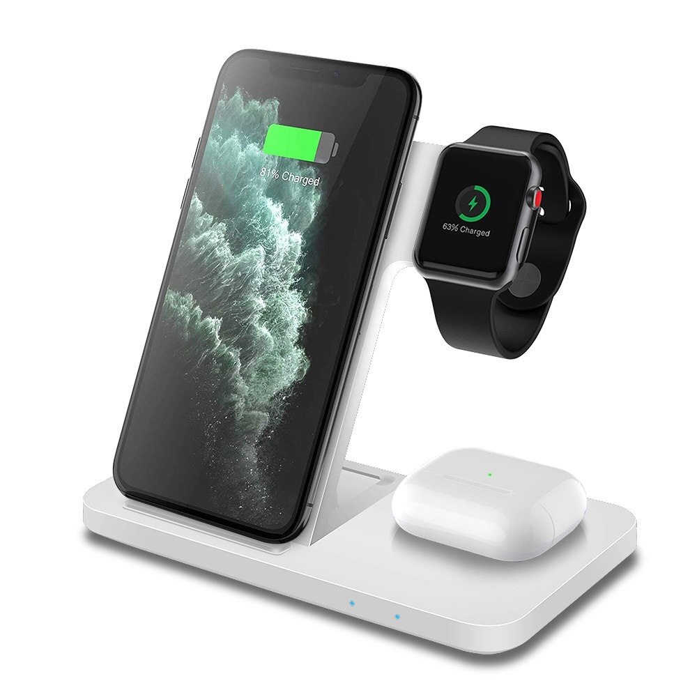 Cargador inalámbrico Qi de 15W con soporte 3 en 1 estación de carga rápida para iPhone 11 XS XR 8 X para Airpods Pro Apple Watch SE 6 5 4 3 2: 3 in 1 Stand White